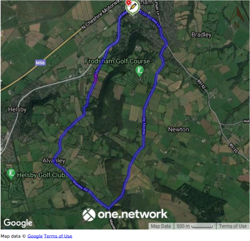 Map of diversion route via B5152, Manley Road & B5393