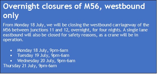 M56 westbound only overnight closures