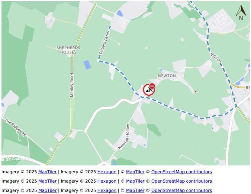 Dobers Lane closure diversion route map Sat 21-06-2025