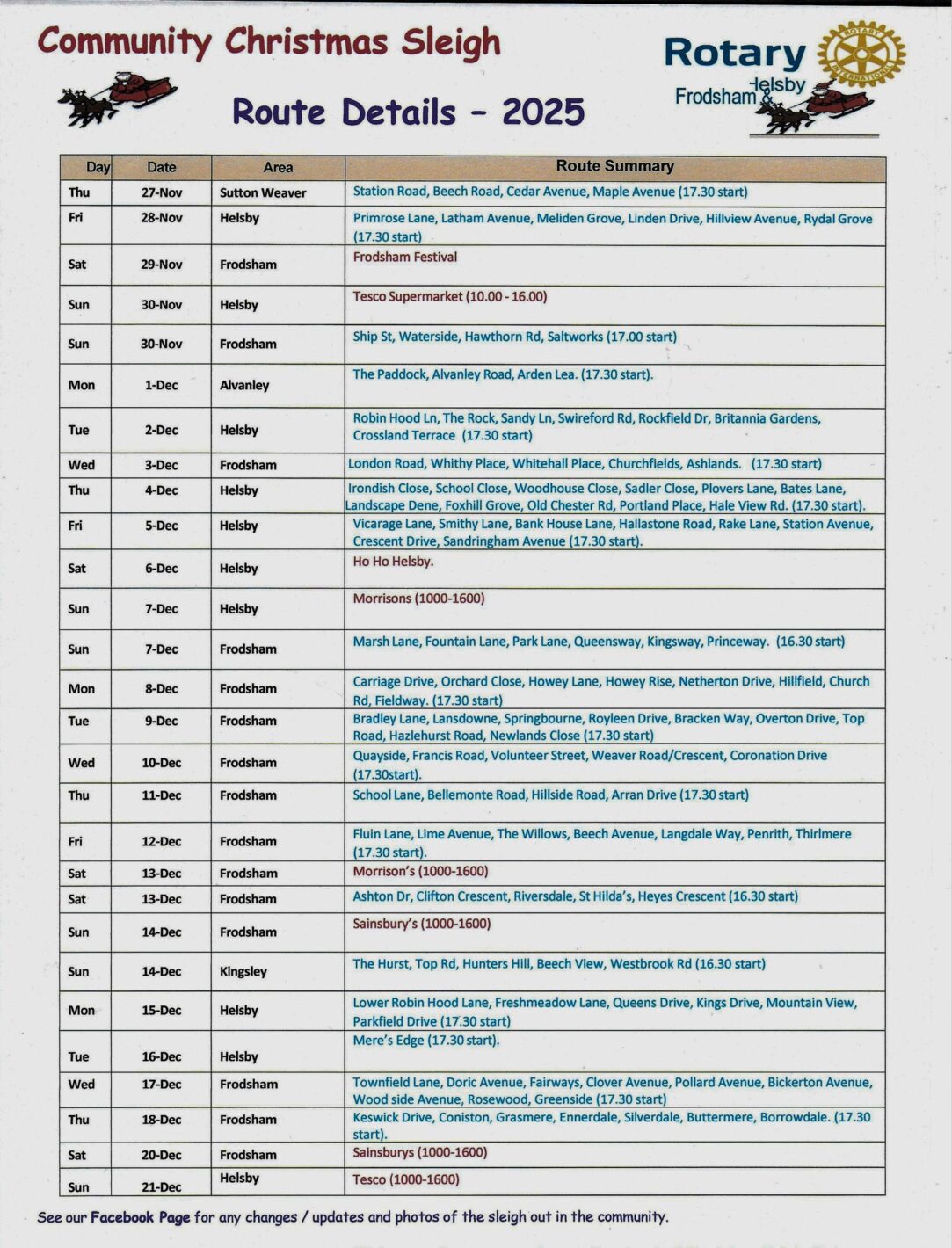 Frodsham and Helsby Rotary Santa Christmas Sleigh Route Details 2025
