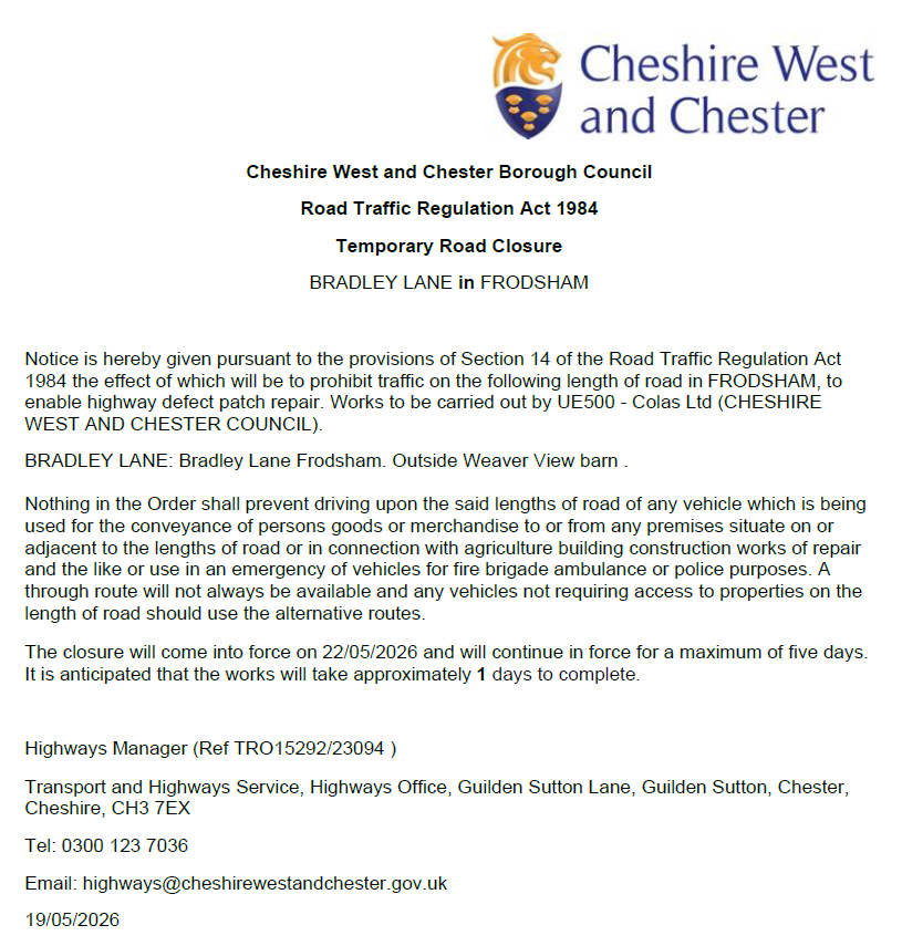 Bradley Lane closure 22 05 26