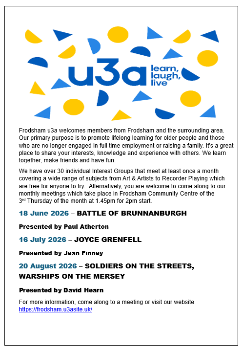 Frodsham u3a poster June-August 2026