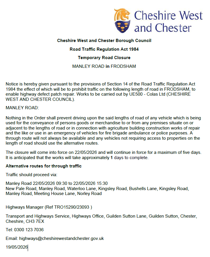 Manley Road Closure 22 05 26