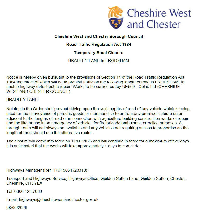 Bradley Lane Frodsham closure TRO23313.15664 Thu 11 06 2026