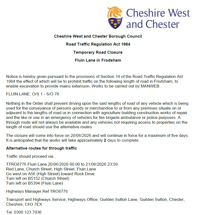 Fluin Lane closure Saturday 20 06 2026
