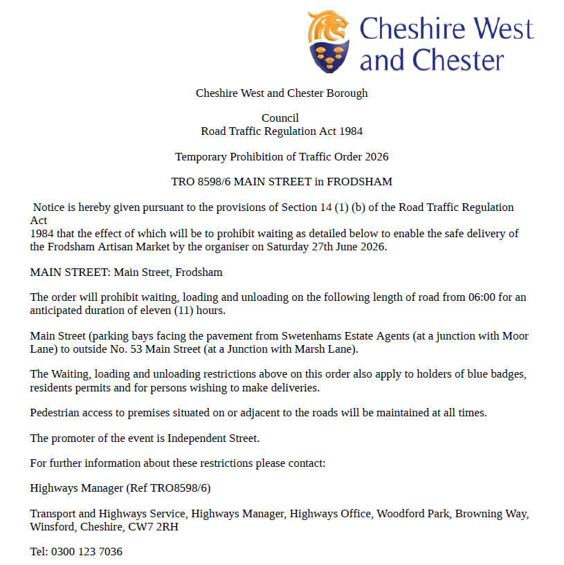 Temporary Parking Bay Closure - Artisan Market 27 06 2026