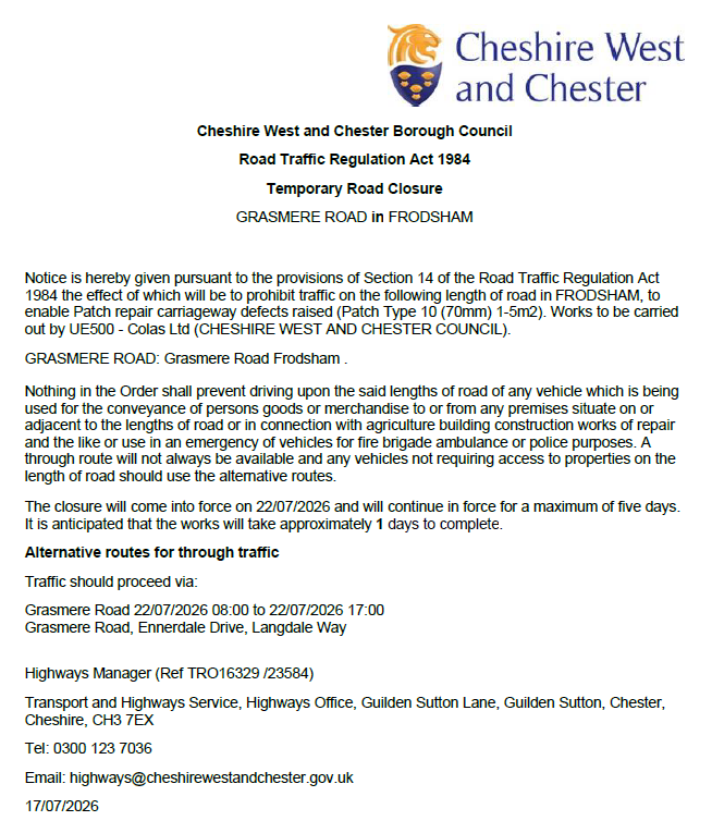 Grasmere Rd closure 22 07 26