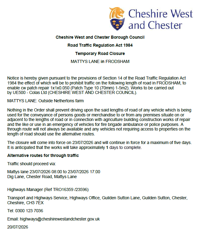 Mattys Ln closure 23 07 26