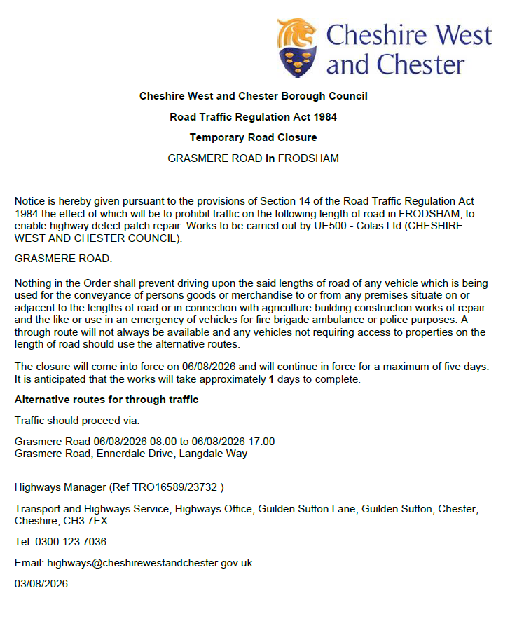 Grasmere road closure TRO23732.16589 06 08 26