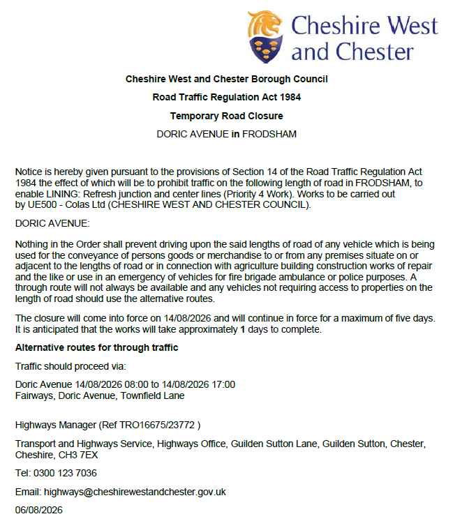 Doric Avenue closure TRO23772 24-08-2026