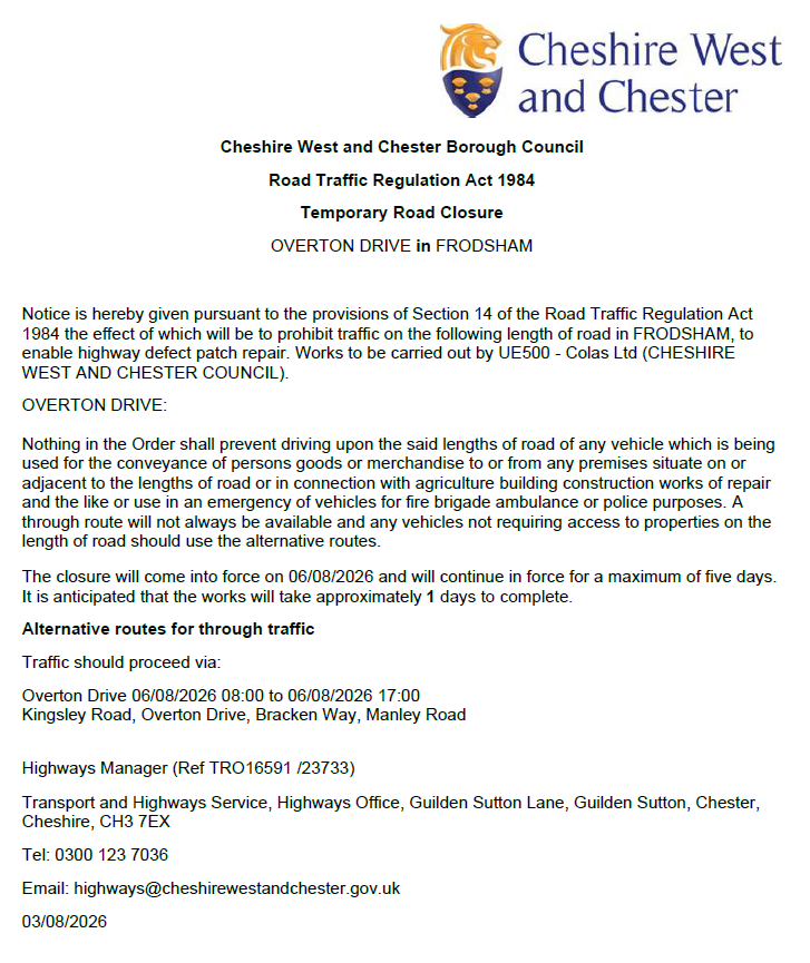 Overton Drive closure TRO23733.16591 06 08 26