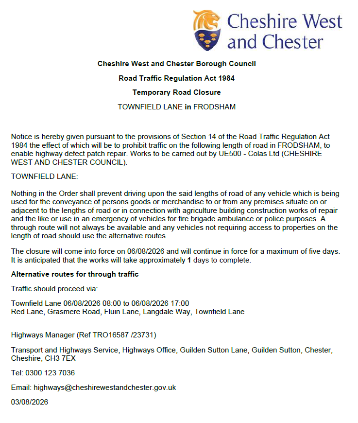 Townfield Lane closure TRO23731.16587 06 08 26