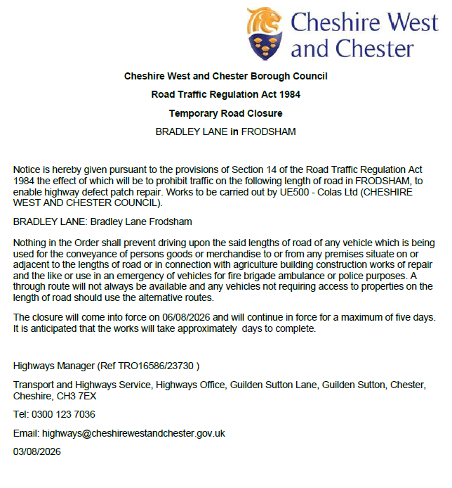 Bradley Lane closure TRO16586.23730 06 08 26