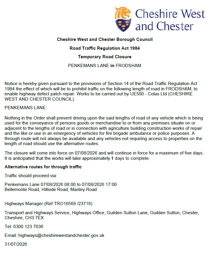 Penkemans Lane closure TRO23718.16569 07 08 26