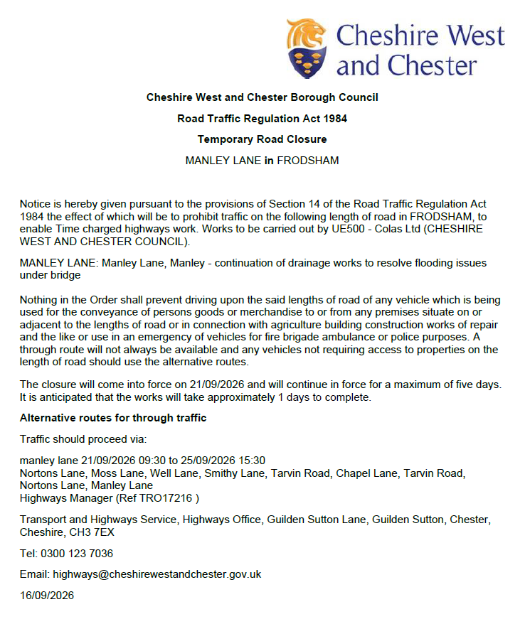 Manley Lane closure 21-09-2026