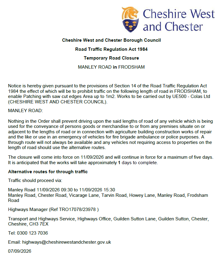 Manley Road Closure TRO23978.17078 11-09-26