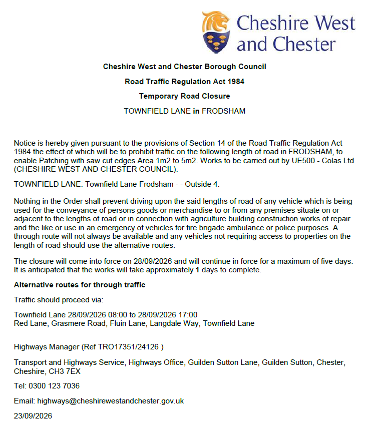 Townfield Lane closure TRO24126.17351 Mon 28 09 2026