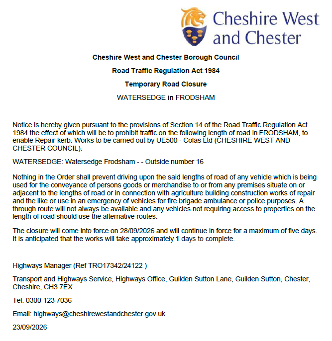 Watersedge Closure TRO24122.17342 Mon 28 09 2026
