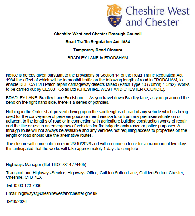 Bradley Lane closure TRO24405.17814 23-10-26