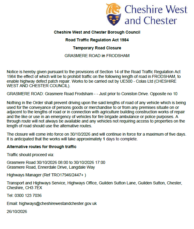 Grasmere Road closure TRO24476.17946 Fri 30 10 2026