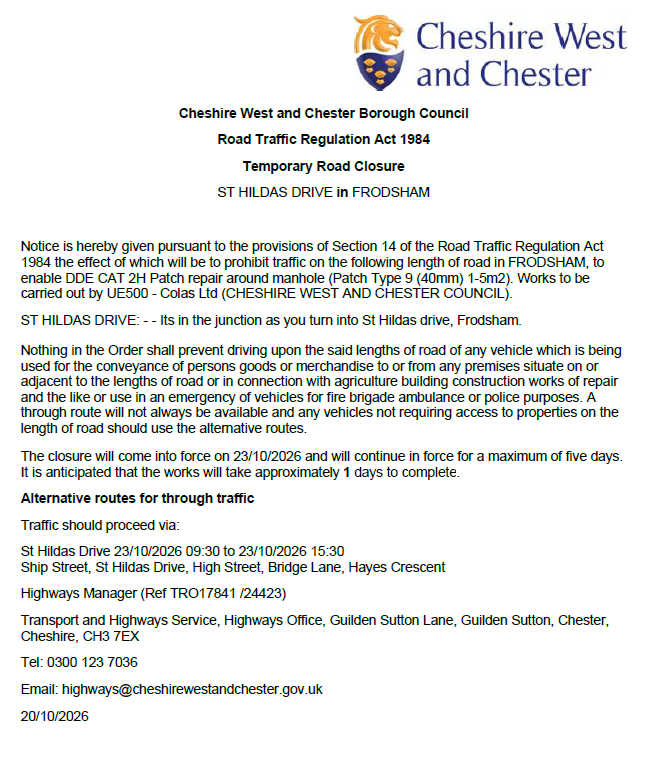St Hildas Drive closure TRO24423.17841 23-10-26